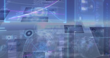 Mavi arkaplan üzerinde hareket eden ekranların veri işleme görüntüsü. Küresel bağlantılar, veri işleme ve dijital arayüz konsepti dijital olarak oluşturulmuş resim.