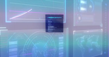 Mavi arkaplan üzerinde hareket eden ekranların veri işleme görüntüsü. Küresel bağlantılar, veri işleme ve dijital arayüz konsepti dijital olarak oluşturulmuş resim.