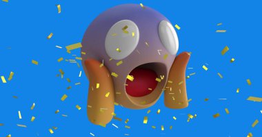 Mavi arka planda şaşırmış yüz ifadelerinin üzerine düşen altın konfetilerin dijital görüntüsü. ifade ve iletişim kavramı