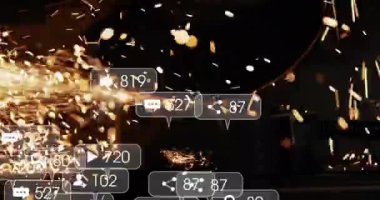 Kıvılcımlar ve parlayan küre üzerine sosyal medya bilgilendirmeleri. Teknoloji, dijital, geleceksel, iletişim, etkileşim, bağlantı