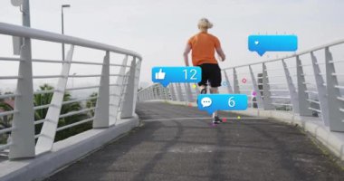 Köprüde koşmak, sosyal medya bilgilendirmeleri, beğenileri, yorumları ve takipçileri olan animasyonlar. Fitness, egzersiz, koşu, katılım, sağlık, etkileşim