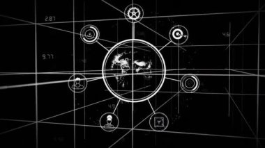 Siyah arkaplan üzerinde küresel ağ bağlantıları ve veri işleme animasyonu. Teknoloji, dijital, iletişim, bağlantı