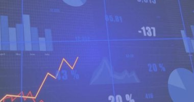 Finansal veriler ve borsa eğilimleri mavi arkaplan üzerinde grafiklerle canlandırılıyor. Maliye, ekonomi, yatırımlar, analitik, tablolar, istatistikler