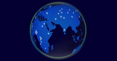 Mavi benekli kıtaları olan dönen dünya, küresel veri canlandırma animasyonu. Dünya, dünya, dijital