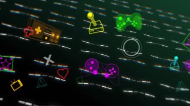 Beyaz çizgiler üzerinde hareket eden neon oyun simgelerinin animasyonu. Retro, oyun ve dijital arayüz kavramı dijital olarak oluşturulmuş video.