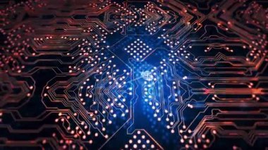 Parlak bağlantıları ve veri işleme animasyonu olan devre kartı. Teknoloji, yenilik, elektronik, dijital, ağ, bağlantı