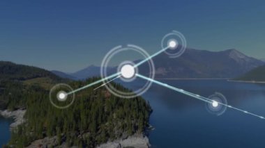 Göl ile dağlık arazide bağlantılar ve veri işleme animasyonu ağı. Teknoloji, dijital, bağlantı, dağlar, hareket grafikleri, fütüristik
