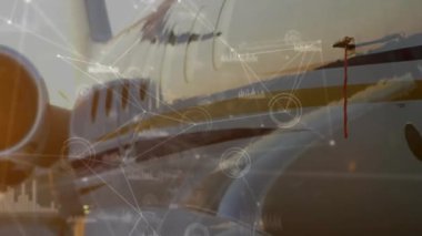 Veri işleme animasyonu eşleşen uçak motoru ve uçak gövdesi. Havacılık, uzay, mühendislik, teknoloji, yenilik, dijital