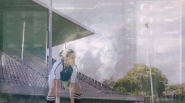 Topu yakalamak için kollarını kaldırıyor, dünya haritası üzerinde atlet ve veri animasyonu. Spor, rekabet, teknoloji, küresel, zafer, dijital