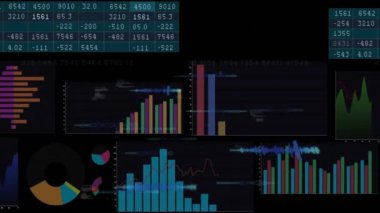 Finansal veri işleme animasyonu çeşitli tablolar ve karanlık arka plandaki grafikler üzerinde. Finans, teknoloji, dijital, analiz, bilgi, görselleştirme