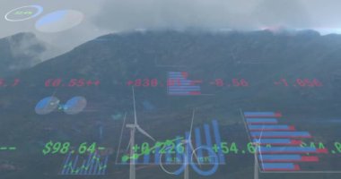 Rüzgar türbinleri ve dağlık arazide finansal veri animasyonu. Sürdürülebilirlik, yenilenebilirlik, rüzgar enerjisi, yatırım, analitik, çevre