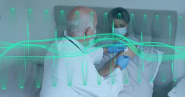 Hastane yatağında hastayı muayene eden doktorların tıbbi veri işleme animasyonu. Sağlık, teknoloji, analiz, inceleme, dijital, yenilik