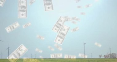 Yeşil tarladaki rüzgar türbinleri üzerinde düşen dolarların animasyonu. Yenilenebilir enerji, sürdürülebilirlik, finans, yatırım, çevre
