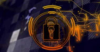 Dijital ağ arka planında kilit ve anahtar güvenlik simgesi canlandırması. teknoloji, veri koruması, siber, internet, şifreleme, güvenlik