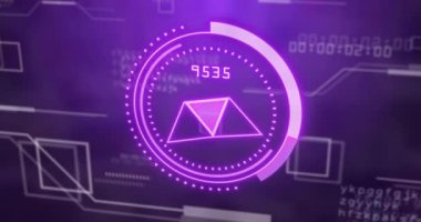 Fütürist mor arayüzlü ve geometrik şekilli dijital veri işleme animasyonu. Teknoloji, yapay zeka, yenilik, sanal gerçeklik, siber zeka.