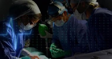 Tıbbi ekip kalp atışı animasyonuyla ameliyat yapıyor. doktor, cerrah, ameliyat, sağlık, hastane, teknoloji