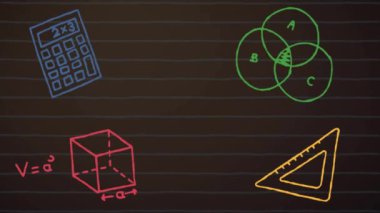 Matematiksel veri işleme ve okul simgelerinin siyah arkaplan üzerine animasyonu. Küresel bilim, bağlantılar, hesaplama ve veri işleme kavramı dijital olarak oluşturulmuş video.