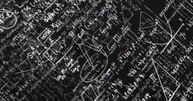 Matematiksel denklemler ve geometrik şekiller siyah arkaplan üzerinde animasyon oluşturur. Matematik, cebir, geometri, bilim, akademik, konsept