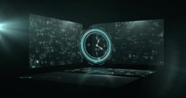 Koyu arkaplan üzerinde saat ve matematik formülleri animasyonu. Zaman, matematik, bilim, fizik, cebir, matematik