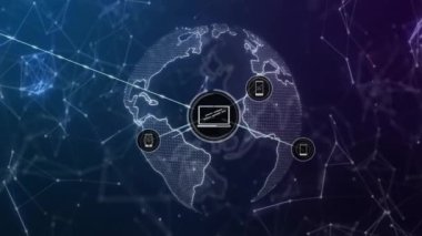 Dünya üzerindeki simgelerle ve şekillerle bağlantı ağının animasyonu. Teknoloji ve dijital arayüz kavramı dijital olarak oluşturuldu.