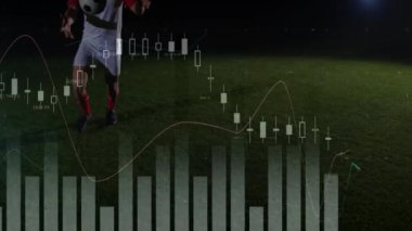 Futbol topunu tekmelemek, finansal veri analizi animasyonunda oyuncu olmak. Spor, takım çalışması, finans, atlet, strateji, dijital