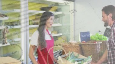 Market sahnesinde müşteriler ve personelle veri analizi ve istatistik animasyonu. perakende, alışveriş, teknoloji, büyük veri, grafikler, grafikler