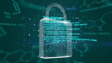 Siyah zemin üzerindeki kimyasal formülün üzerinde asma kilit simgesiyle veri işleme animasyonu. Küresel teknoloji, bilgisayar, bilim ve dijital arayüz kavramı dijital olarak oluşturulmuş video.