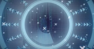 Dairesel desenler ve oklarla gelecek arayüzü, veri işleme animasyonu. Teknoloji, dijital, siber, sanal, tasarım