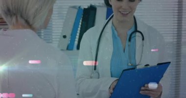 Hastanedeki hasta bilgilerini tartışan doktorların tıbbi veri animasyonu. Sağlık, teknoloji, takım çalışması, tartışma, araştırma, analiz