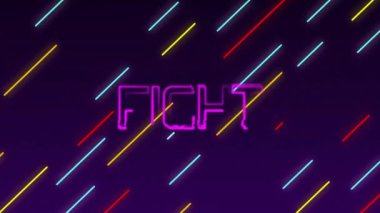 Koyu arkaplanda renkli köşegenler üzerinde dövüş metni animasyonu. Tipografi, geometrik, soyut, hareket, grafikler, canlı