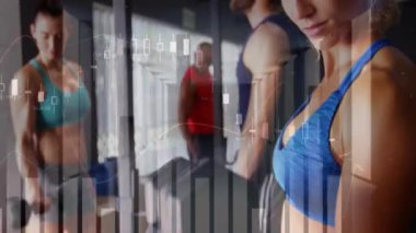 Spor salonunda egzersiz yapan, finansal veri tablosu olan insanlar arka planda animasyon yapıyor. Fitness, takım çalışması, veri analizi, teknoloji, egzersiz, yenilik