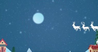 Noel Baba ve ren geyikleri karlı dağların üzerinde uçuyor. Arka planda ay var. Noel, tatil, kış, şenlik, Noel Baba, ren geyiği