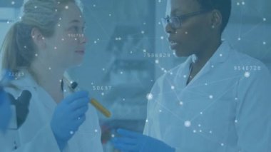 Laboratuvardaki çeşitli bilim adamları arasındaki bağlantı ağının animasyonu. Küresel bilim, bağlantılar, hesaplama ve veri işleme kavramı dijital olarak oluşturulmuş video.