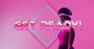 Hazır olun! Neon geometrik şekillerle egzersiz yapan kişi üzerine metin animasyonu. Fitness, egzersiz, motivasyon, gelecek, teknoloji, egzersiz