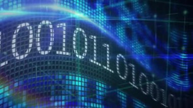 İkili kodlama üzerinde hareket eden beyaz şekillerin animasyonu. Teknoloji ve dijital arayüz kavramı dijital olarak oluşturuldu.