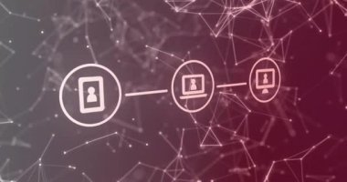 Bağlı aygıtlar ağı ve soyut arkaplan üzerinde insan animasyonu. Teknoloji, bağlantı, dijital, iletişim, fütüristik