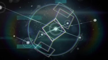 Geometrik şekiller ve ağ bağlantılarının karanlık arka planda ışık efektleriyle canlandırılması. Soyut, dijital, geleceksel, teknoloji, parlayan, dinamik