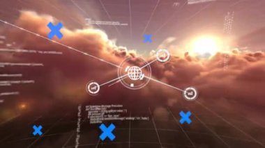 Bulutların, mavi haçların ve beynin üzerindeki simgelerle bağlantı ağının animasyonu. Teknoloji ve dijital arayüz kavramı dijital olarak oluşturuldu.