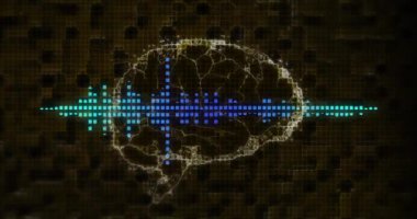 Dijital beyin ve ses dalgası animasyonu karanlık şebeke arka planında. Teknoloji, yapay zeka, fütüristik, veri, siber, elektronik