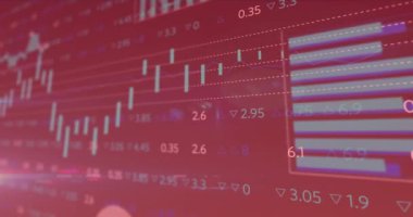 Kırmızı arka planda finansal veri işleme animasyonu. Dijital olarak oluşturulmuş küresel bağlantılar, hesaplama ve veri işleme kavramı.