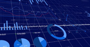 Mavi arkaplanda veri işleme resmi. Küresel iş ve dijital arayüz kavramı, dijital olarak oluşturulmuş görüntü.