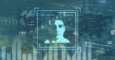 Grafiklerin resmi, dünya haritası ve mavi arkaplanda kullanıcı fotoğrafları. Küresel ağ, veri işleme, finans, iletişim ve teknoloji konsepti dijital olarak oluşturuldu.