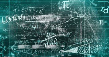 Matematiksel denklemlerle kara arkaplan üzerinde veri işleme ve işleme resmi. Küresel teknoloji, bilgisayar ve dijital arayüz kavramı dijital olarak oluşturulmuş görüntü.