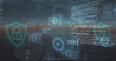 Mavi arka planda veri işleme ve güvenlik kilidi görüntüsü. Küresel bağlantılar, veri işleme ve dijital arayüz konsepti dijital olarak oluşturulmuş resim.