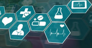 Erkek doktorların elinin üzerinde DNA ipliği ve altıgen ağı var. Küresel iş dünyası dijital arayüz teknolojisi ve dijital olarak oluşturulan ağ konsepti.