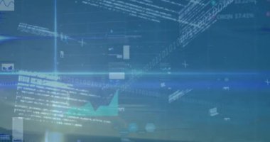 Şehrin arka planında ikili kodlama ve finansal veri işleme animasyonu. Teknoloji, finans, dijital, gelecekçi, kentsel, sanal