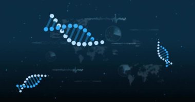 Dünya haritasının arka planında DNA iplikleri ve veri işleme animasyonları. Genetik, biyoteknoloji, veri analizi, küresel, dijital, bilim
