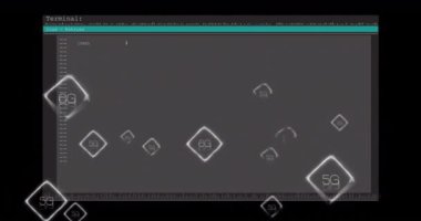 Üzerinde SQL komutları olan terminal ekranı, 5G ve 6G ağ animasyonu. Teknoloji, bağlantı, veritabanı, programlama, veri, haberleşme