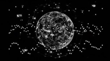 Birbirine bağlı düğümler ve siyah arkaplan üzerindeki veri noktaları ile dijital dünyanın canlandırılması. Teknoloji, ağ oluşturma, siber alan, yenilik, fütüristik, bağlantı