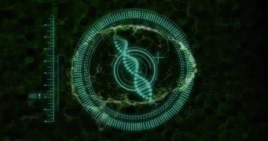 Bilimsel veriler, DNA ipliği ve dairesel arayüz animasyonu işleniyor. Bilim, biyoteknoloji, araştırma, analiz, genetik, teknoloji.